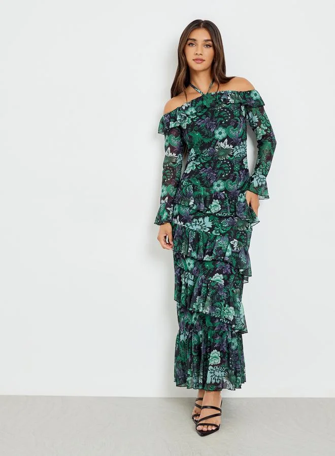 Styli Women Green Printed Ruffle Detail Maxi Dress